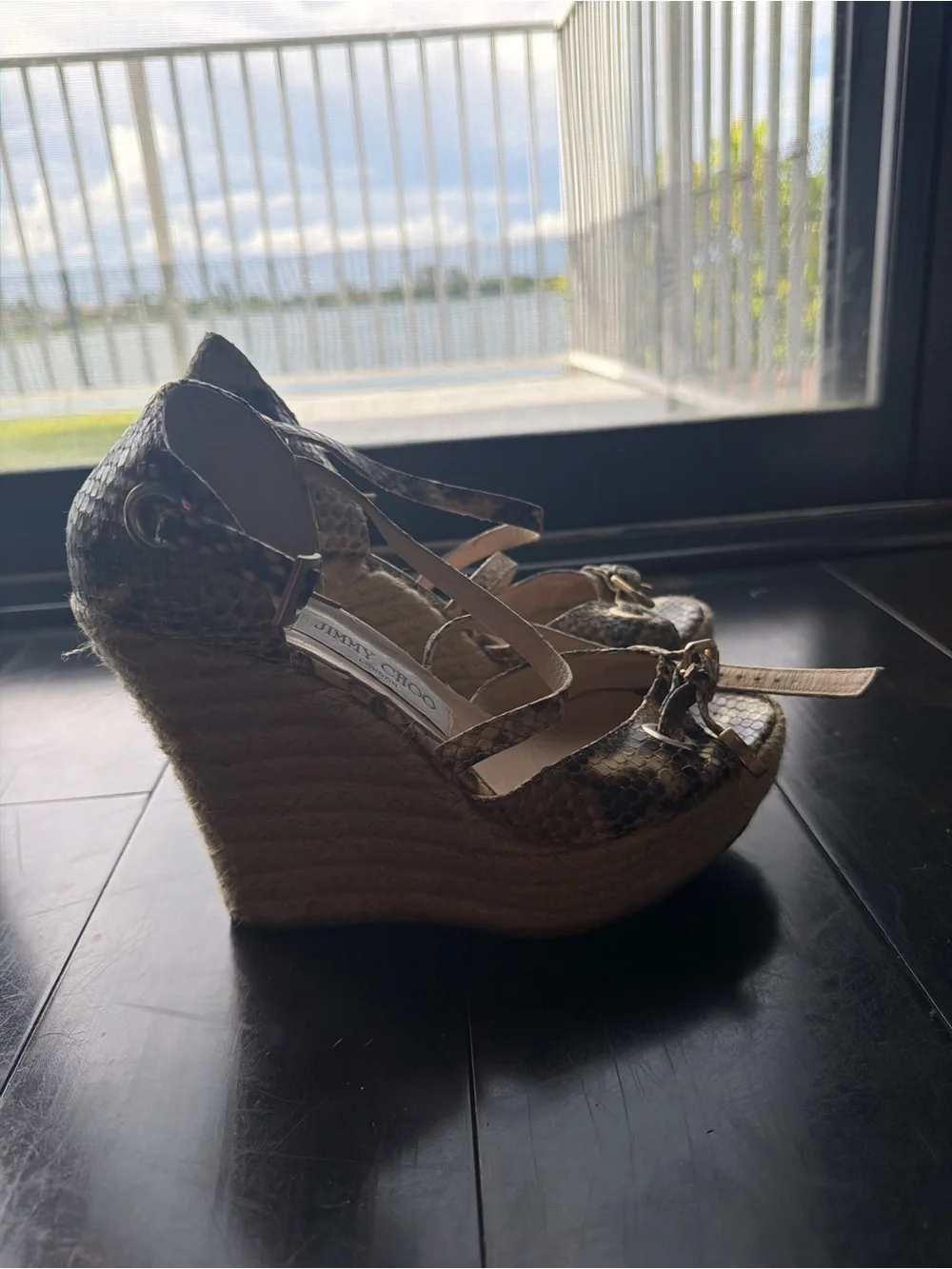 Jimmy Choo Gold Snakeskin Wedge Sandals with Ankle Strap